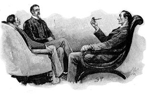 Sherlock Holmes, Percy Phelps, and Dr. Watson conversing in arm chairs