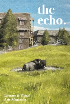 Painting of a buffalo sitting on a patch of dirt surrounded by green grass and old brown buildings